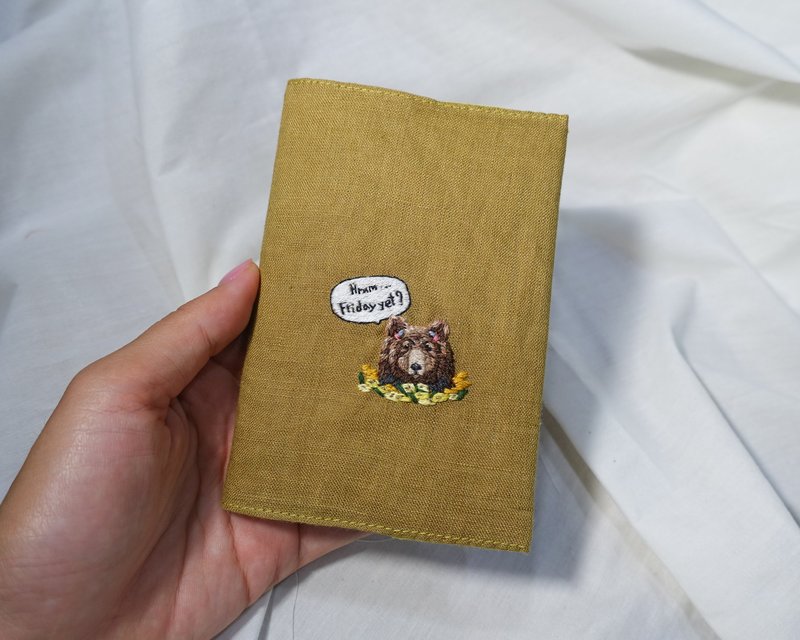 Fabric passport cover, tsundere bear embroidered #3 - Book Covers - Cotton & Hemp Yellow