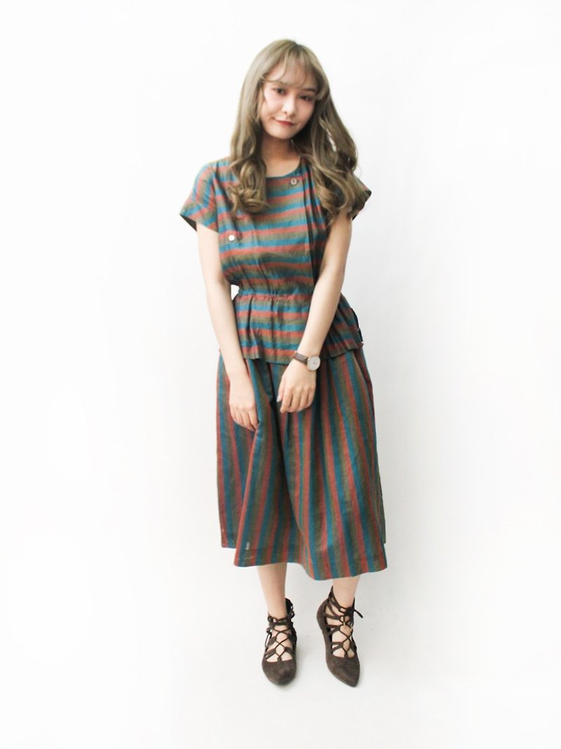 【RE1004D1422】 early autumn Japanese system retro simple cotton and linen striped green short-sleeved ancient dress - One Piece Dresses - Cotton & Hemp Green