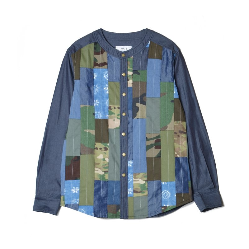 oqLiq - Display in the lost – Camouflage stitching shirt - เสื้อเชิ้ตผู้ชาย - ผ้าฝ้าย/ผ้าลินิน สีเขียว