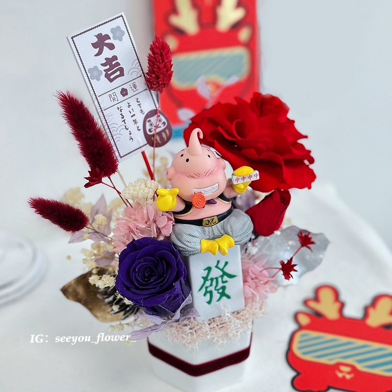 SeeYou・Spring Festival and New Year Series Puwu lucky cat rose immortal flower table flower - ช่อดอกไม้แห้ง - พืช/ดอกไม้ สีแดง