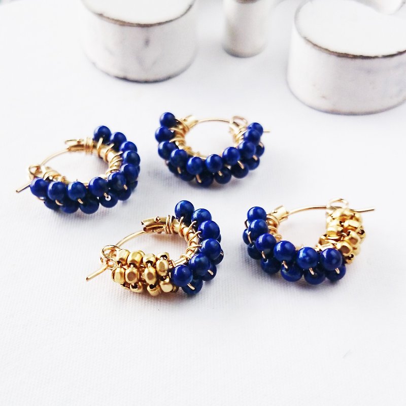 Natural color Lapis lazuli * gold bi-color wrapped pierce / earring - Earrings & Clip-ons - Gemstone Blue