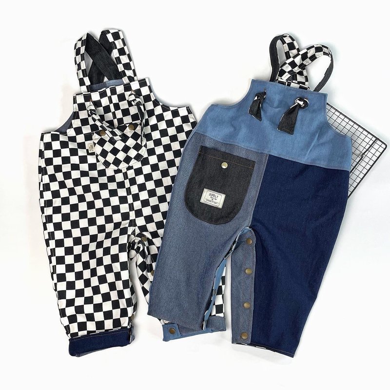 Utopian fantasy | double-sided checkerboard denim splicing suspenders onesies trousers - ชุดทั้งตัว - ผ้าฝ้าย/ผ้าลินิน สีน้ำเงิน