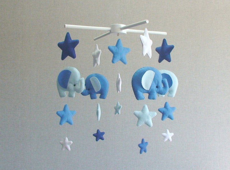 Baby mobile elephant, Blue nursery decor, Elephant mobile, Stars mobile - 嬰幼兒玩具/毛公仔 - 其他材質 藍色