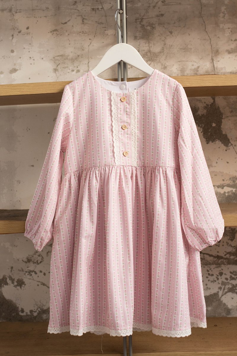 簡衣櫥|春秋洋裝|粉色條紋小花長袖洋裝 - 女童洋裝/裙子 - 棉．麻 粉紅色