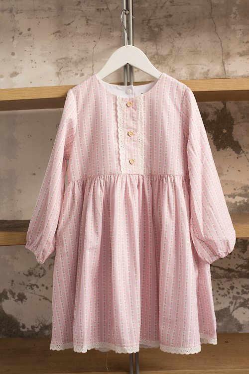 簡衣櫥手作童裝&親子裝 簡衣櫥|春秋洋裝|粉色條紋小花長袖洋裝