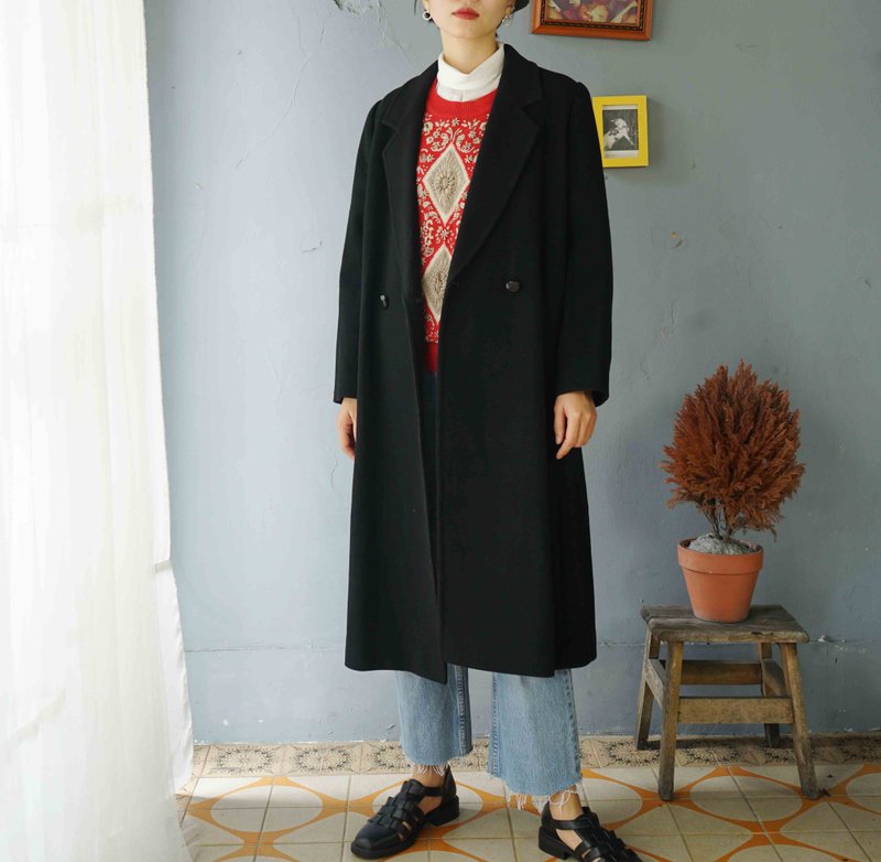 尋寶古著-俐落黑色毛料修身長版西裝外套大衣 - 女大衣/外套 - 羊毛 黑色
