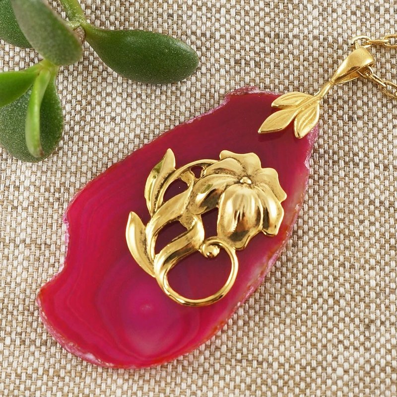 Pink Fuchsia Agate Slice Slab Golden Flower Floral Pendant Necklace Jewelry Gift - 項鍊 - 半寶石 粉紅色