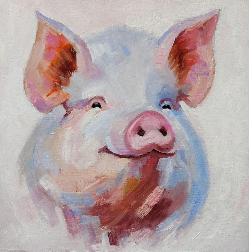 Pig Original Oil Painting Farm Animal Art Funny Portrait Wall Art 手工油畫  油畫原作 - 海報/掛畫/掛布 - 其他材質 多色