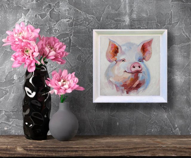 豚オリジナル油絵家畜アート面白いポートレート壁アート手工油スケッチ