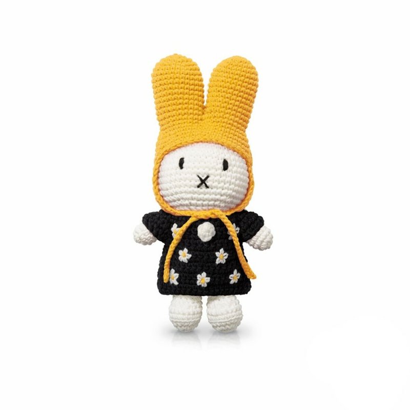 手工製 Miffy 米飛兔【黑花裙+黃帽】 - 寶寶/兒童玩具/玩偶 - 棉．麻 