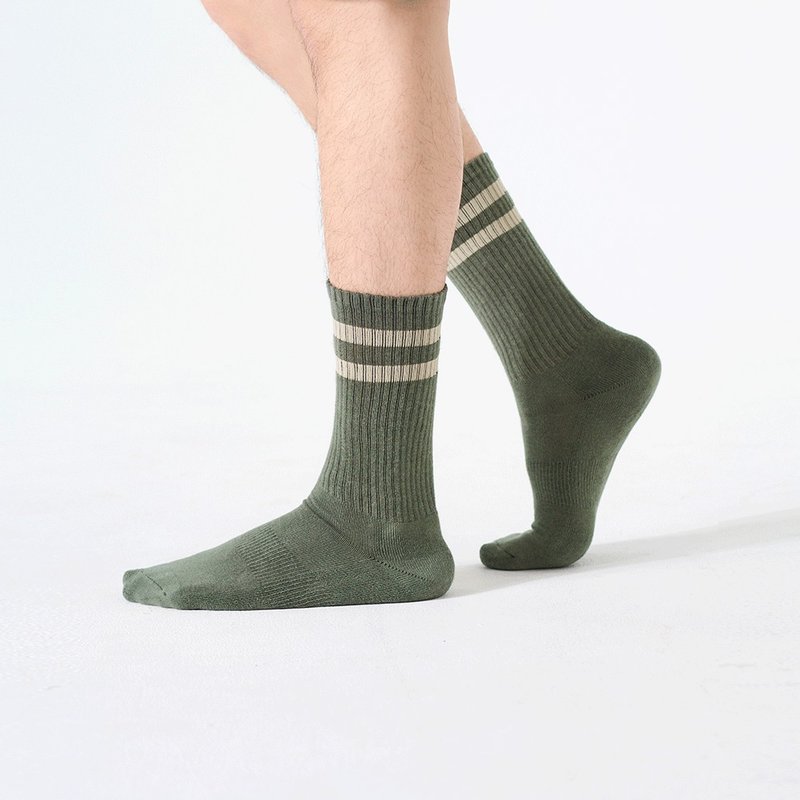 Antibacterial Striped Sports Socks/Military Green (L)-MIT Antibacterial Sports Socks - ถุงเท้า - ผ้าฝ้าย/ผ้าลินิน สีเขียว