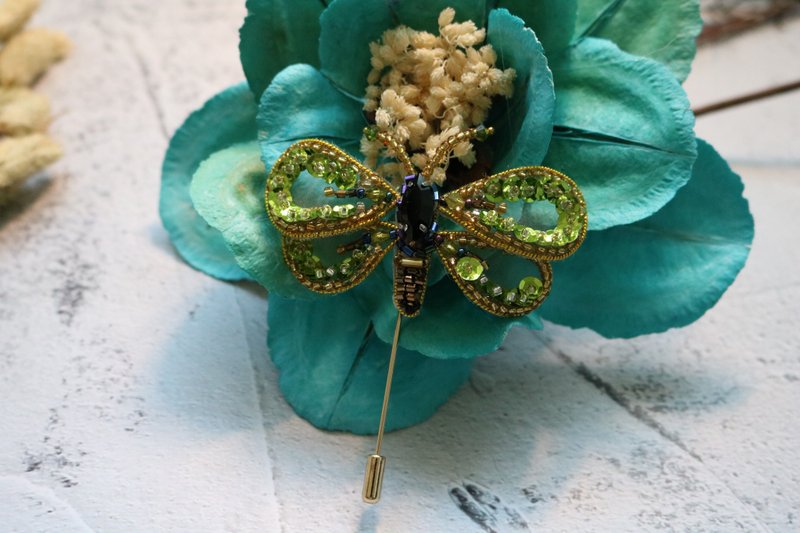 立體蝴蝶刺繡胸針蘇繡珠片原創胸花 - 胸針 - 珍珠 綠色