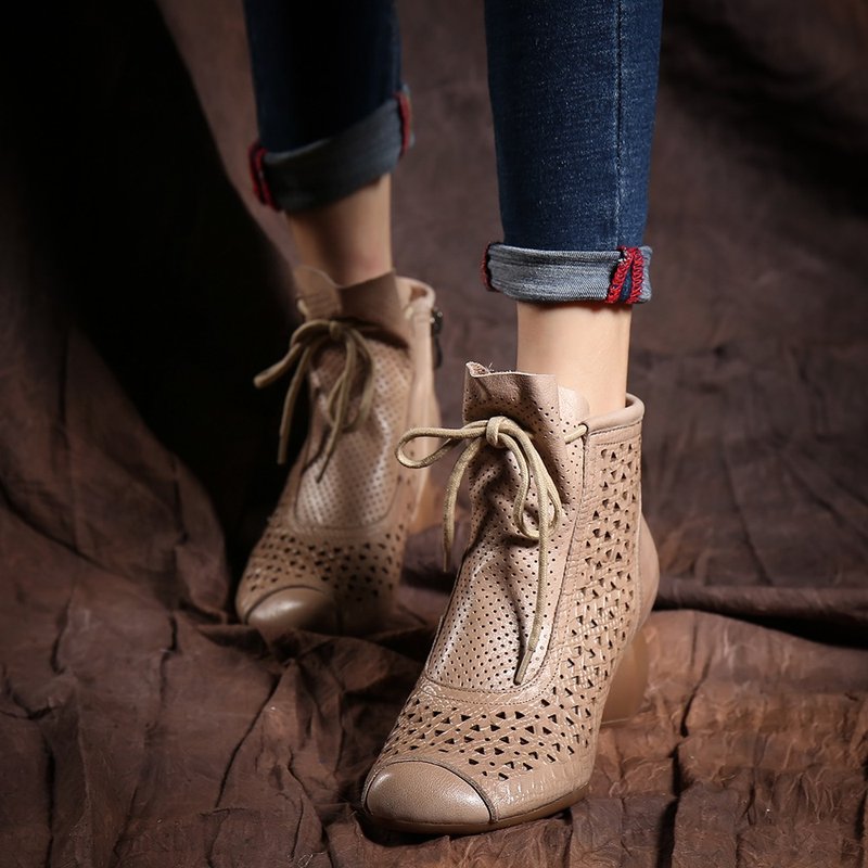 Retro hollow lace-up mid-heel women's shoes cool and breathable women's heel shoes with zipper - รองเท้าหนังผู้หญิง - หนังแท้ สีกากี