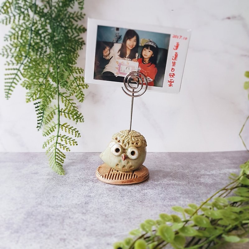 Owl MEMO clip│Yoshino Eagle x pure hand-made ceramic desk small things cute healing photos - แฟ้ม - ดินเผา สีเขียว