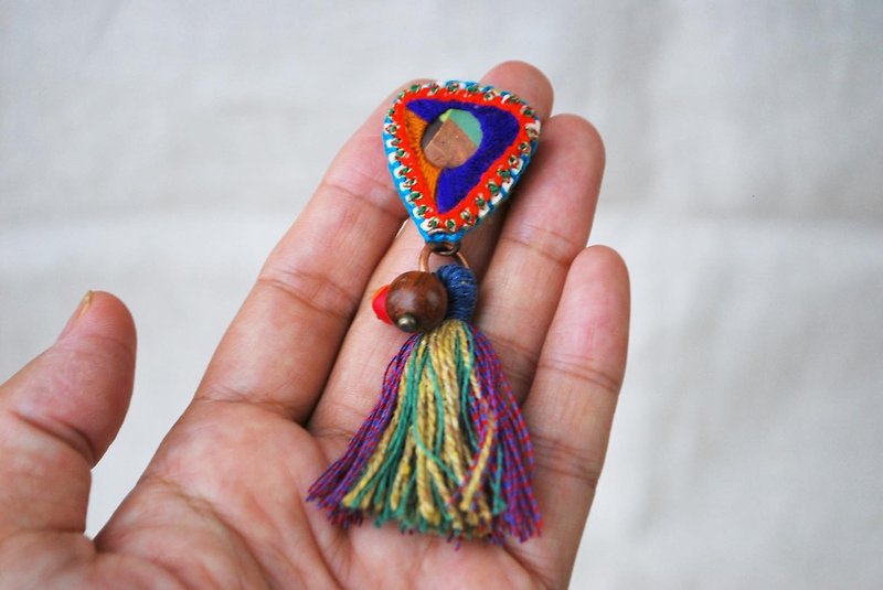 Embroidery and clay triangular tassel brooch - Brooches - Thread Multicolor