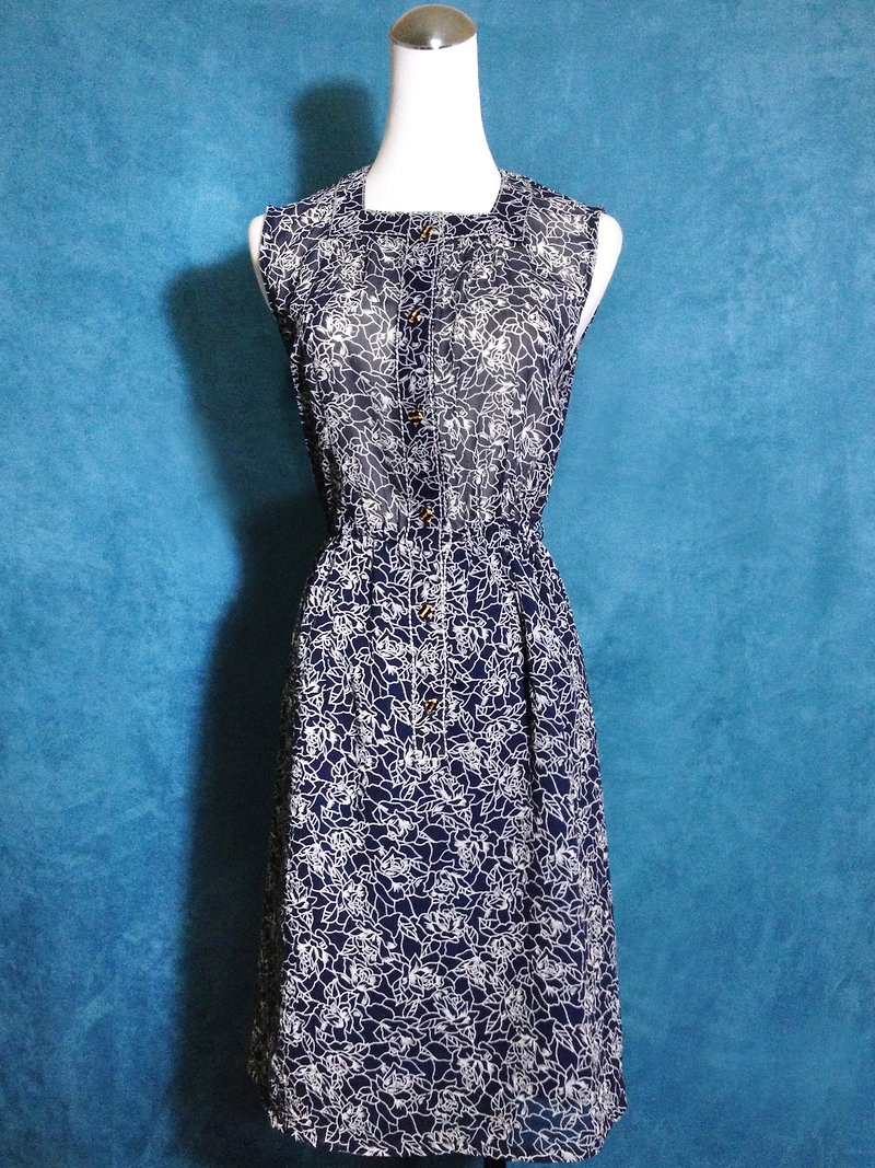 Ping-pong vintage [vintage dress / rose trim sleeveless vintage dress] abroad back VINTAGE - ชุดเดรส - เส้นใยสังเคราะห์ สีน้ำเงิน