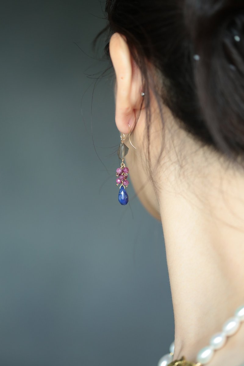 Gorgeous era labradorite ruby ​​lapis lazuli long earrings - Earrings & Clip-ons - Crystal Multicolor