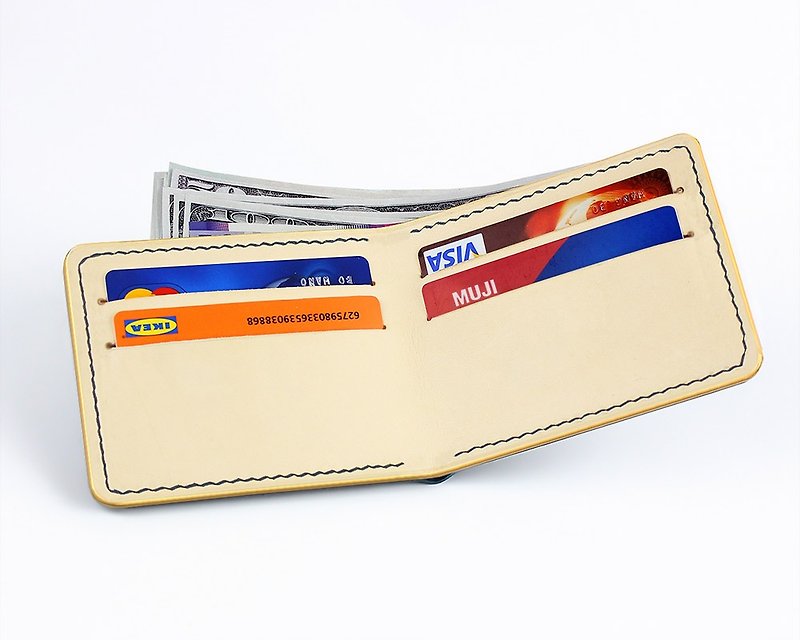 Mens Minimalist Leather Wallet, Handmade Money Clip, Bi Fold Credit Card Wallet - กระเป๋าสตางค์ - หนังแท้ สีน้ำเงิน