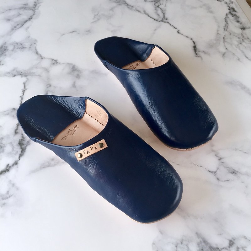綺麗なバブーシュ (slippers)スリッパ　PAPA　ディープブルー　メンズ - 室內拖鞋 - 真皮 藍色