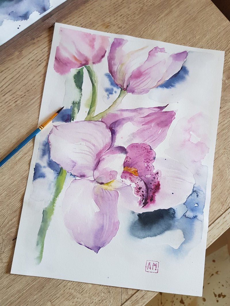 Cute Orchid flower artwork hand painted Watercolor painting on paper - 壁貼/牆壁裝飾 - 其他材質 