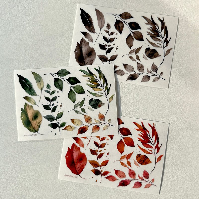 Watercolor Leaf PET Sticker 3 Color mix (anns note) vintage collage - 貼紙 - 紙 多色