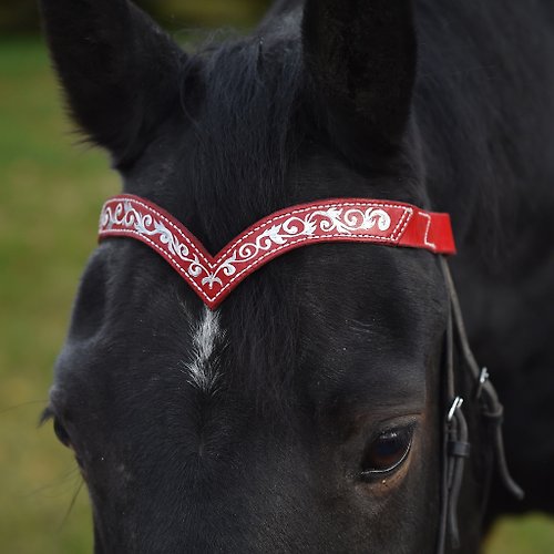 Equestrian Style Studio Red leather browband for horses draft pony. Handmade Brow band with hand-paint
