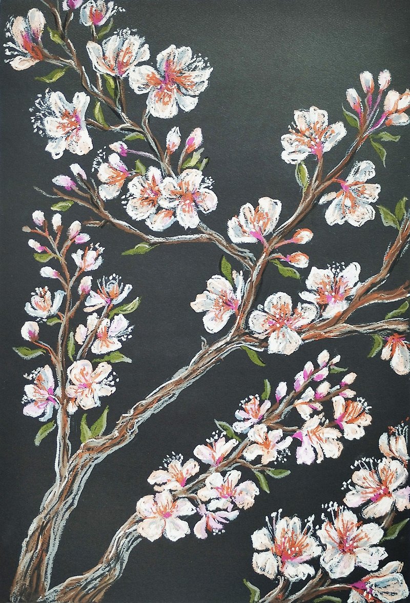 Cherry blossoms drawing flowers art painting oil pastel branches original art - 牆貼/牆身裝飾 - 紙 粉紅色