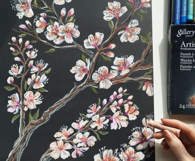 桜の花の絵、花、アート、絵画、オイルパステル、枝、オリジナル