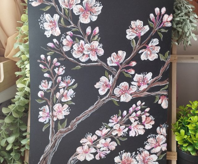 桜の花の絵、花、アート、絵画、オイルパステル、枝、オリジナル