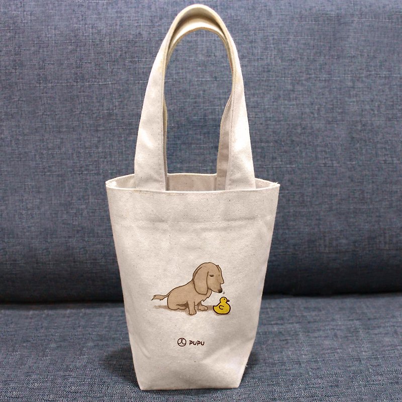 臘腸狗-鴨鴨---台灣製棉麻布-文創柴犬-環保-飲料提袋-蒼蠅星球 - 手袋/手提袋 - 棉．麻 白色