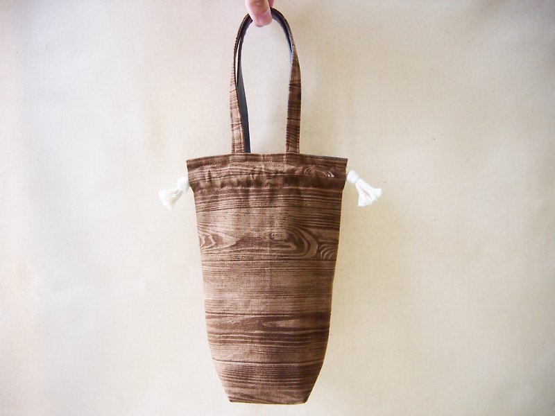 雙面束口小提袋--木紋X鐵灰 - 手袋/手提袋 - 棉．麻 咖啡色