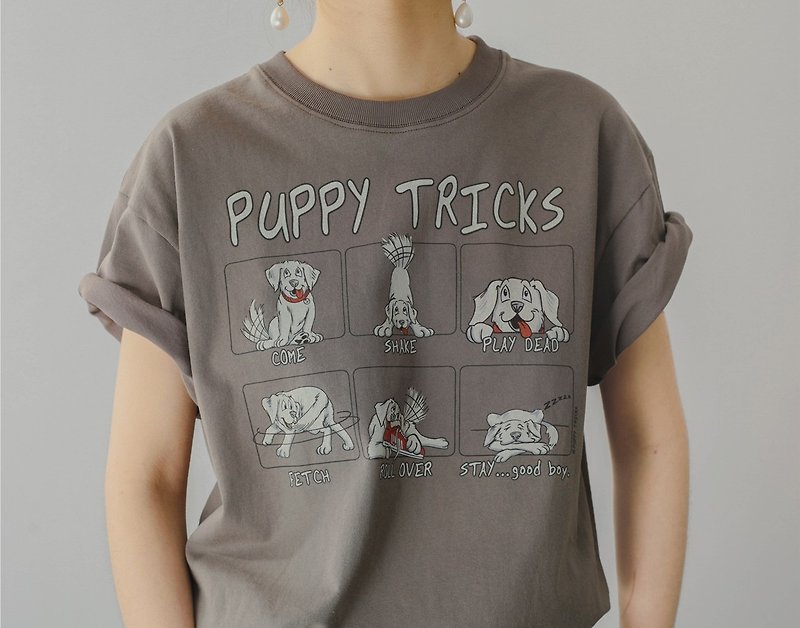 American retro boyish humor comic dog pattern unisex loose cotton T-shirt - เสื้อผู้หญิง - ผ้าฝ้าย/ผ้าลินิน สีเทา
