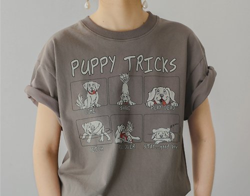三良洋貨 美式復古 少年感幽默漫畫 狗狗圖案中性寬鬆棉質T恤