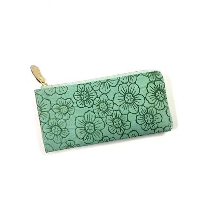 Long wallet leather wallet soft leather flower flower pink L fastener slim soft - กระเป๋าสตางค์ - หนังแท้ สีเขียว