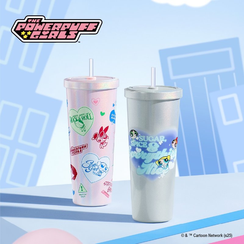 飛天小女警系列不鏽鋼陶瓷易潔層吸管杯850ML - 保溫瓶/保溫杯 - 其他金屬 粉紅色