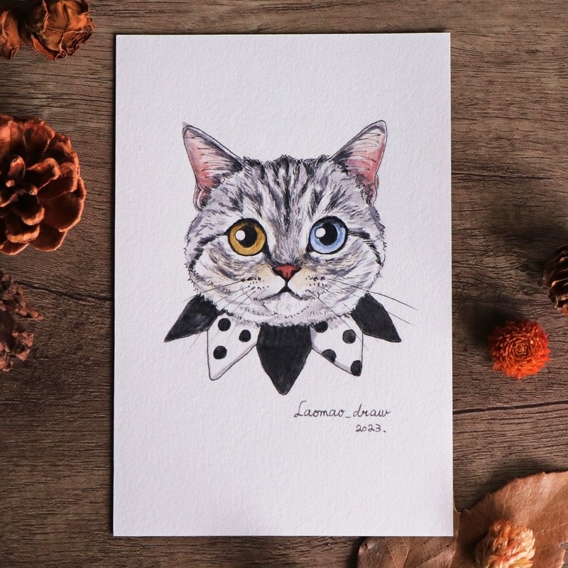 Watercolor illustration original cat head portrait 4X6 6 inches 3004 Silver tabby and clown collar - โปสเตอร์ - กระดาษ 