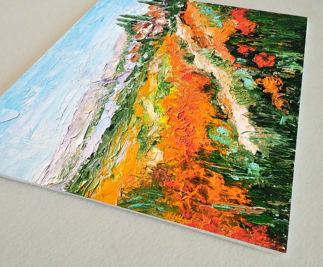 トスカーナの風景原画、ケシの花の壁アート、フィールド アート、手工