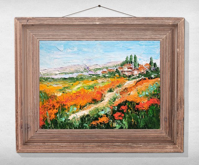 トスカーナの風景原画、ケシの花の壁アート、フィールド アート、手工