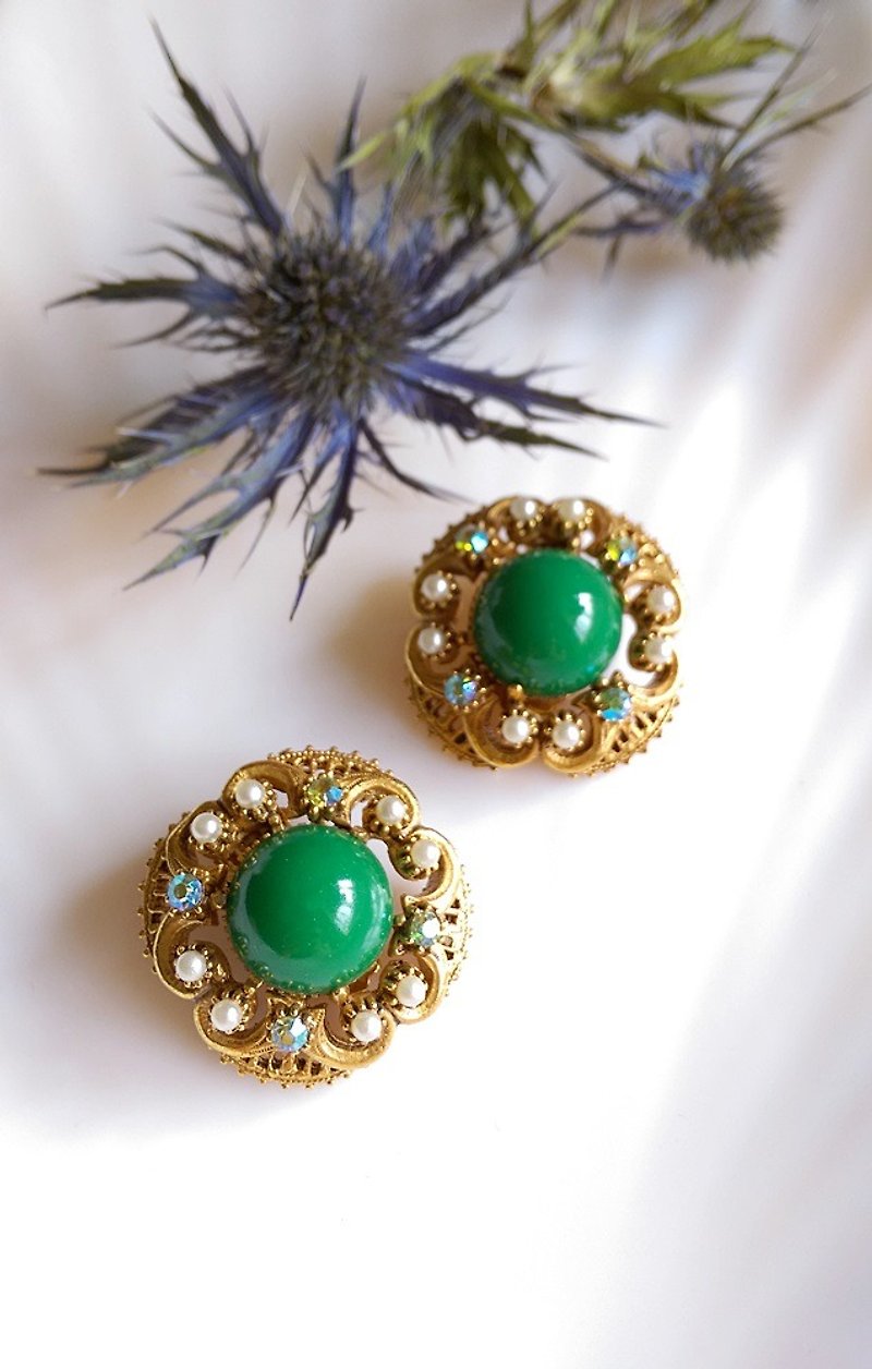 [Western antique jewelry / old age] 1960s FLORENZA complex palace wind clip earrings - ต่างหู - โลหะ สีเขียว