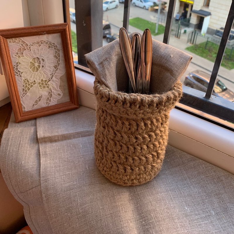 Crochet woven Nordic style high basket for tableware - Cutlery & Flatware - Cotton & Hemp Khaki