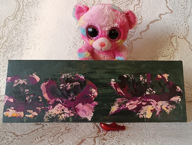 Original floral art - You'll see them for good luck 10x30  cm oil Victoria Valuk - Wall Décor - Pigment Purple