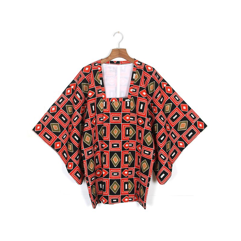 [Egg plants vintage] flower color lattice print vintage kimono feather weave - Women's Casual & Functional Jackets - Polyester Red