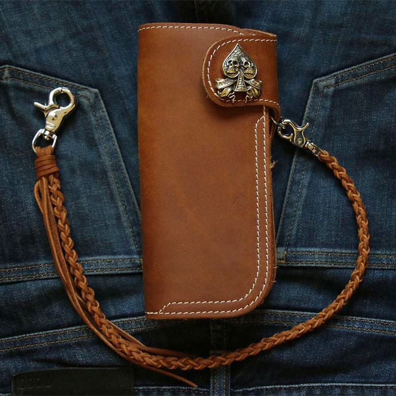Biker long Wallet chain ring Genuine Leather skull ace of spades heavy cafe race - Wallets - Genuine Leather Brown