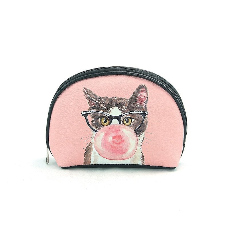 Ashley M - Bubble Gum Cat Cosmetic Bag - Toiletry Bags & Pouches - Genuine Leather Pink
