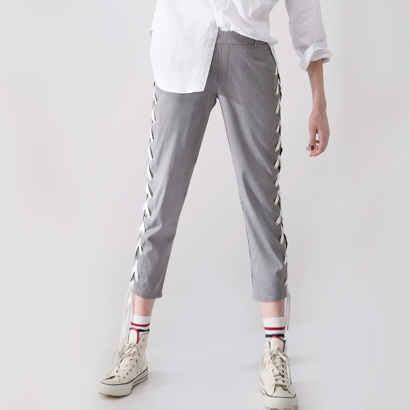 中性款 寬鬆版型 側綁帶 七分休閒褲 / 麻灰 - 女長褲 - 其他材質 灰色