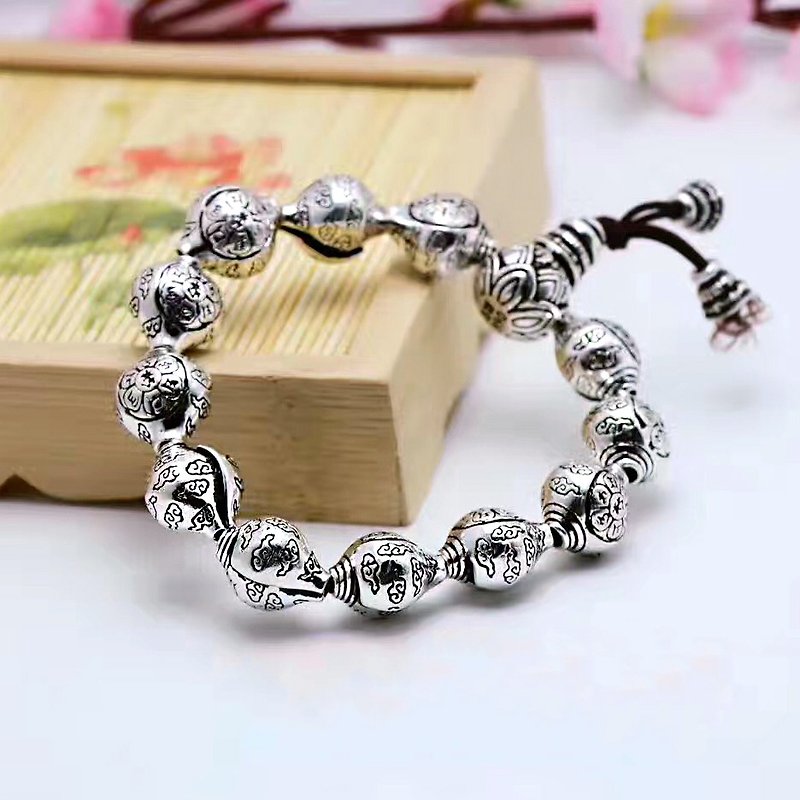 Full silver six words mantra sea beads bracelet - Bracelets - Other Metals Silver