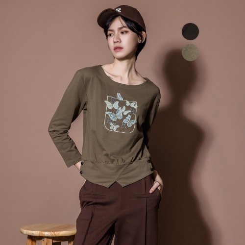 MEDUSA LADY 【MEDUSA】蝴蝶印花船領造型T恤-2色(M-XL) | 女休閒上衣 長袖T恤