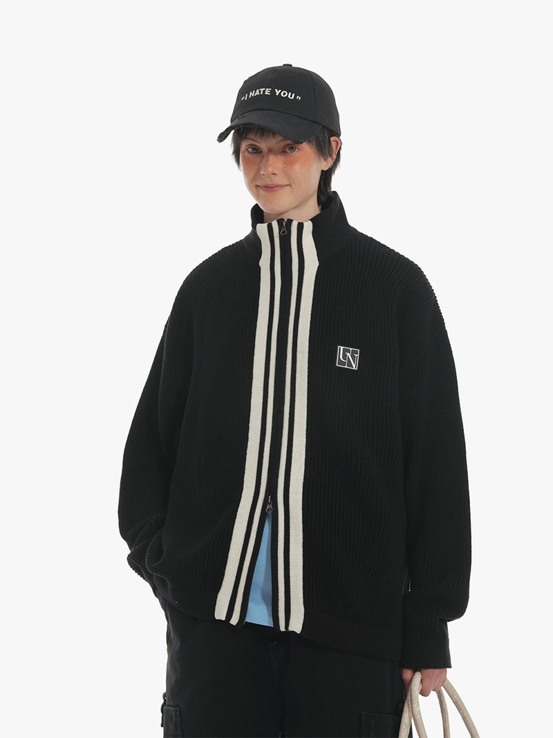 Unvesno (UN) 雙拉頭針織槓條復古運動毛衣開衫加厚保暖 CT-2186 - 男毛衣/針織衫 - 其他材質 黑色