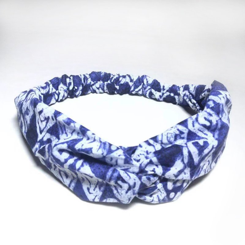 Dark blue ethnic pattern / handmade elastic headband - Hair Accessories - Cotton & Hemp Blue