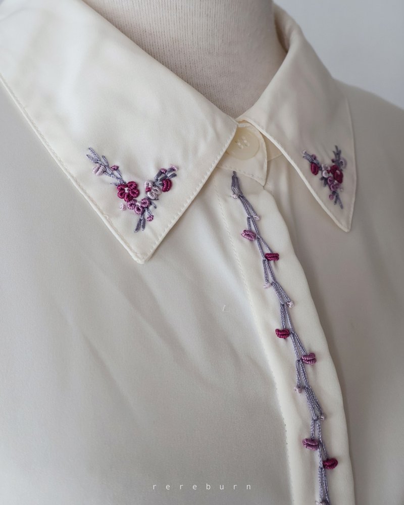 復古立體花朵刺繡領寬鬆歐美版型長袖米黃色古著襯衫 - 女襯衫 - 聚酯纖維 黃色